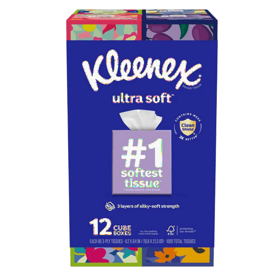 Kleenex Ultra Soft Facial Tissue, 3-Ply, 85-count, 12-pack