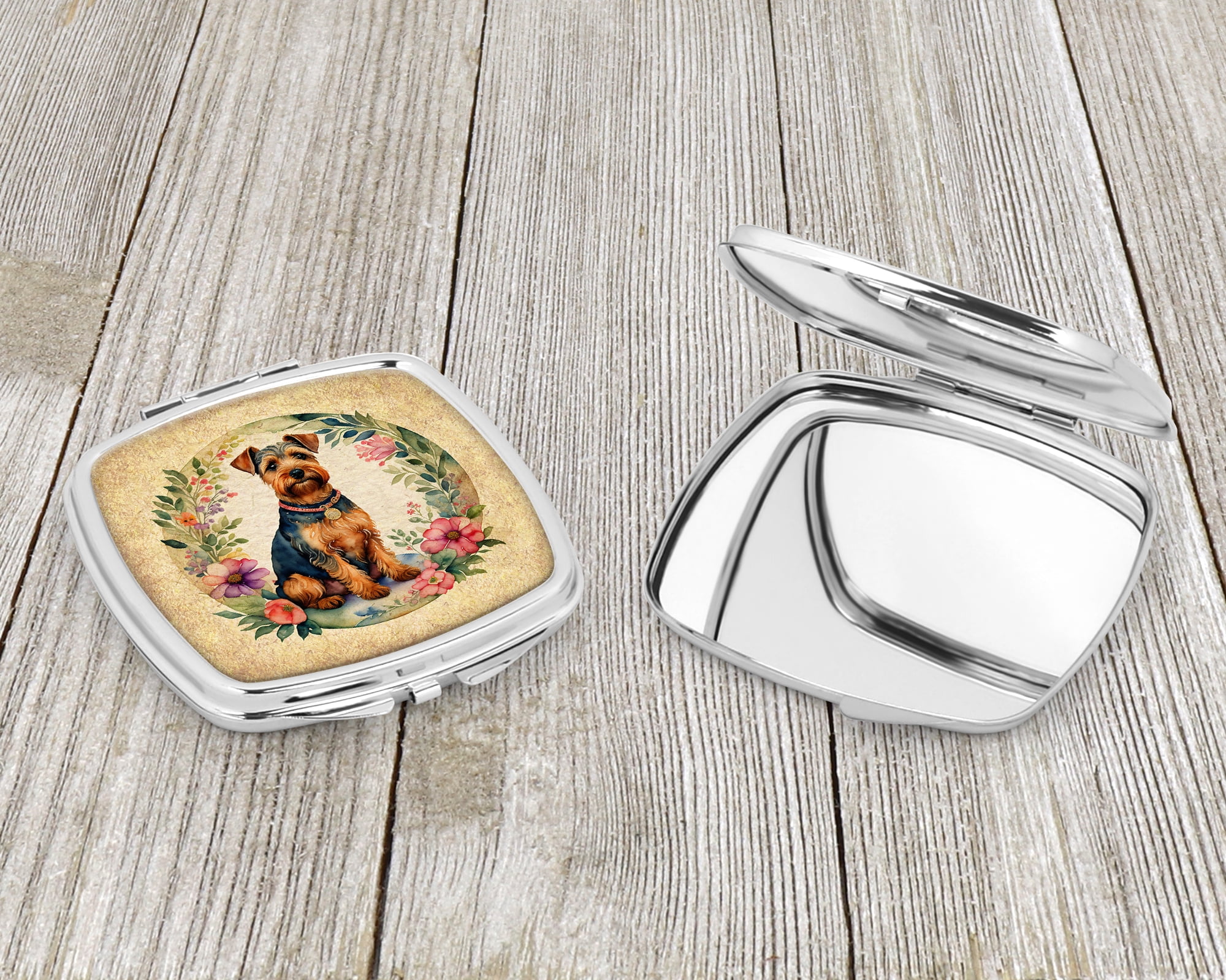 Welsh Terrier and Flowers Compact Mirror 2.75 in x 3 in