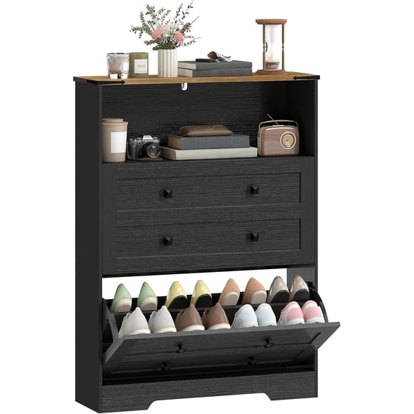 Armoire de Rangement pour Chaussures avec 2 Tiroirs Basculants, Armoire à Chaussures Étroite avec Tablettes Ajustables, Tablette Ouverte pour Entrée, Couloir, Peut Contenir 12-16 Paires, Noir