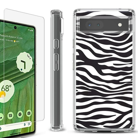 Shockproof Bumper Phone Case for Google Pixel 6a, with Tempered Glass Screen Protector, by OneToughShield ® - Zebra B/W
