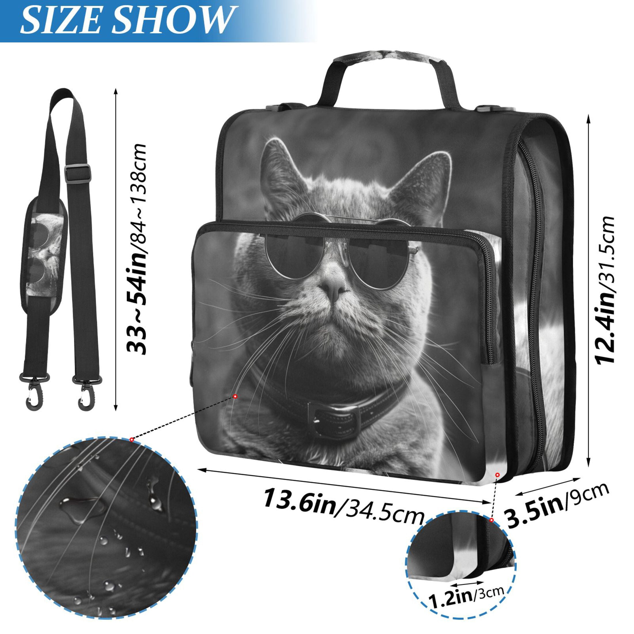 3 Ring Zipper Binder with Shoulder Strap Waterproof Trapper Keeper 1.5 Inch D-Ring 500 Sheets Capacity Cat with Glasses