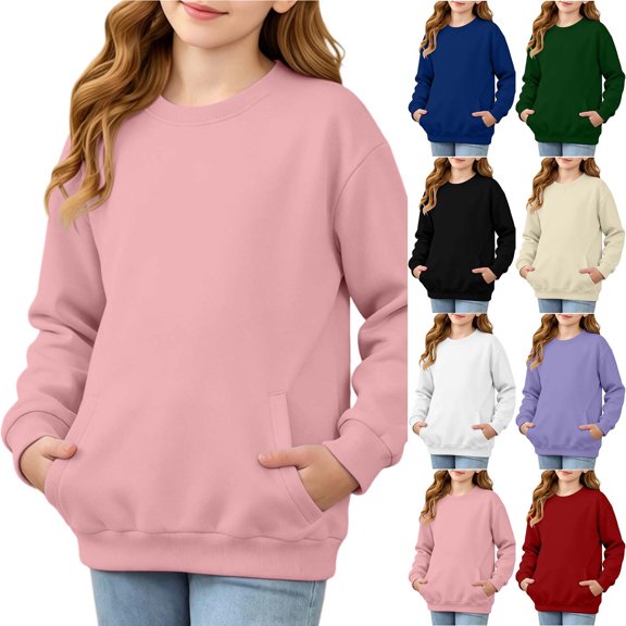 Abtuhar Fall Winter Sweatshirt Pullover for Middle Big Girls Solid Long Sleeve Crew Neck Tops with Side Pockets for 5-15 Years