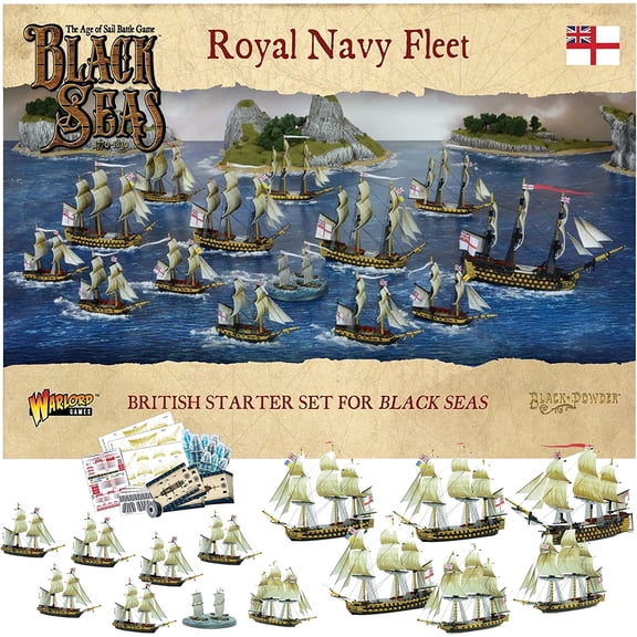 Wargames Delivered - Black Sea's, Royal Navy Fleet (1770 - 1830) Battle Game Starter Set WW2 Action Figures Include 13 Ships, 6 Figureheads, and Digital Bundle - Battleship Model Kit by Warlord Games