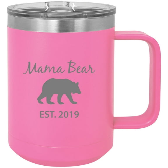 Mama Bear Est. 2019 Stainless Steel Vacuum Insulated 15 Oz Engraved Travel Coffee Mug with Slider Lid, Pink