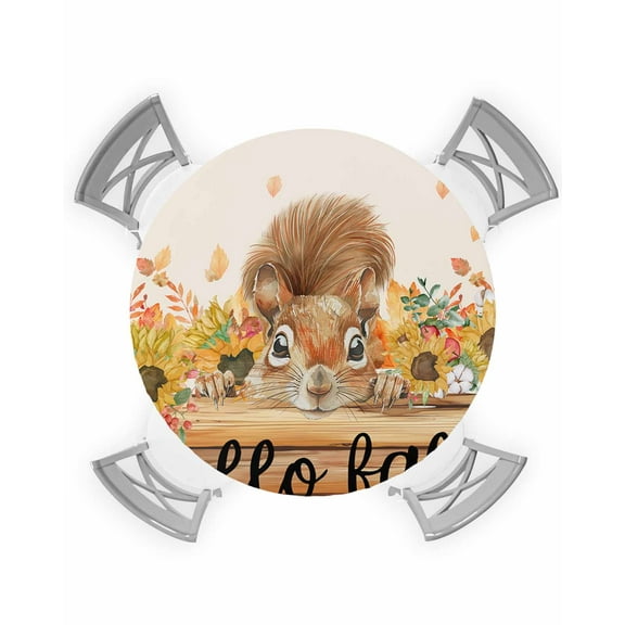 nqOlkjepod Hello Fall Squirrel Round Tablecloth, Fitted Table Cover with Elastic for 55"-60" Round Tables, Pink Pumpkins Thanksgiving Table Cloth Outdoor Indoor Dinning Party Waterproof Tablecloths