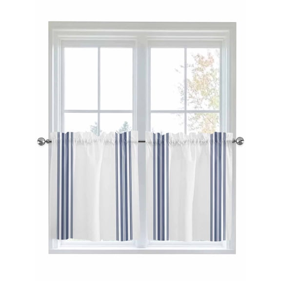 Half Window Curtains 24 Inches Long, Abstract Geometric Blue Stripe, Window Treatment Curtain Drapes, White Backdrop Short Curtains Tiers for Kitchen Over Sink, 27.5"x24", 2 Panels