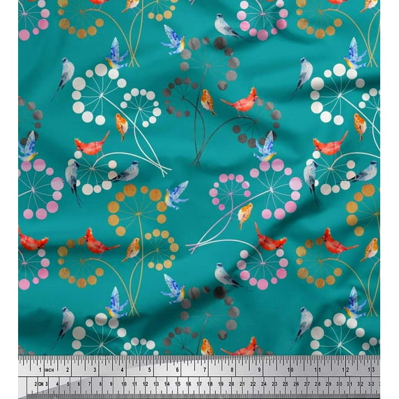 Soimoi Cotton Cambric Fabric Floral,Woodpecker & American Robin Bird Fabric Prints By Yard 56 Inch Wide