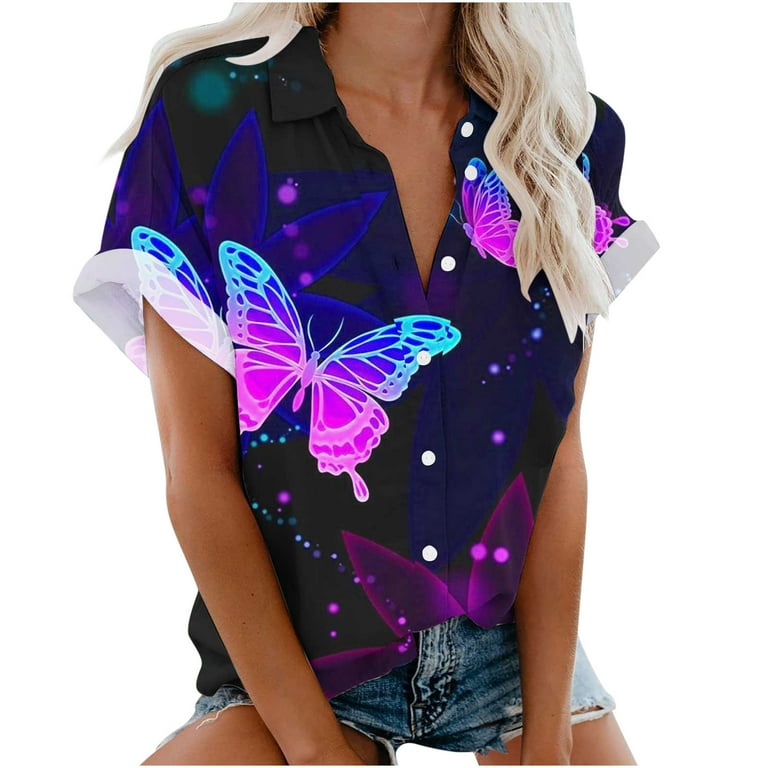 Butterfly Pattern Women's Shirt Sleeve Tshirt V-Neck Short Sleeve