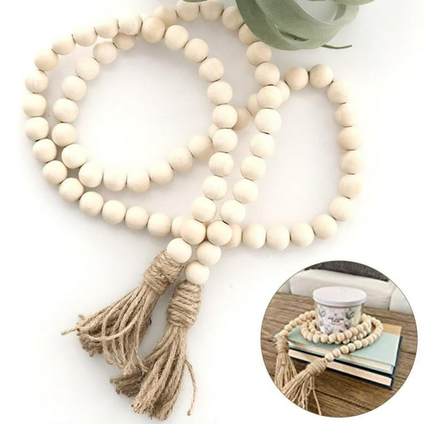 2 piezas de cuentas de granja de 51 pulgadas, cuentas de oración bohemias, grandes, rústicas, decorativas, para colgar en la pared, cuentas de madera, borla, cuerda de cáñamo, borla, decoración del h JAMW Sencillez