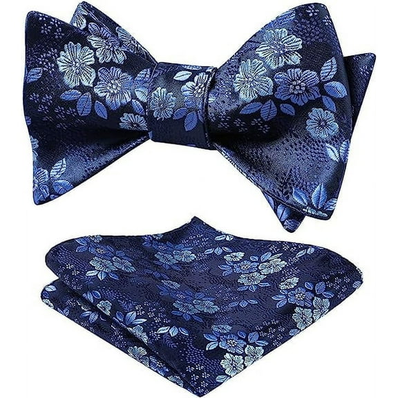 HISDERN Mens Bow Ties Navy Blue Floral Bowtie Self Tie Bowtie Handkerchief Pocket Square Bowtie Set