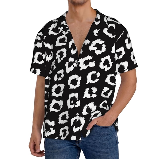 Fotbe Black Leopard Camisa Estampada de Manga Corta para Hombre, Casual de Verano, Estilo Playero, Sin Arrugas-X-Large