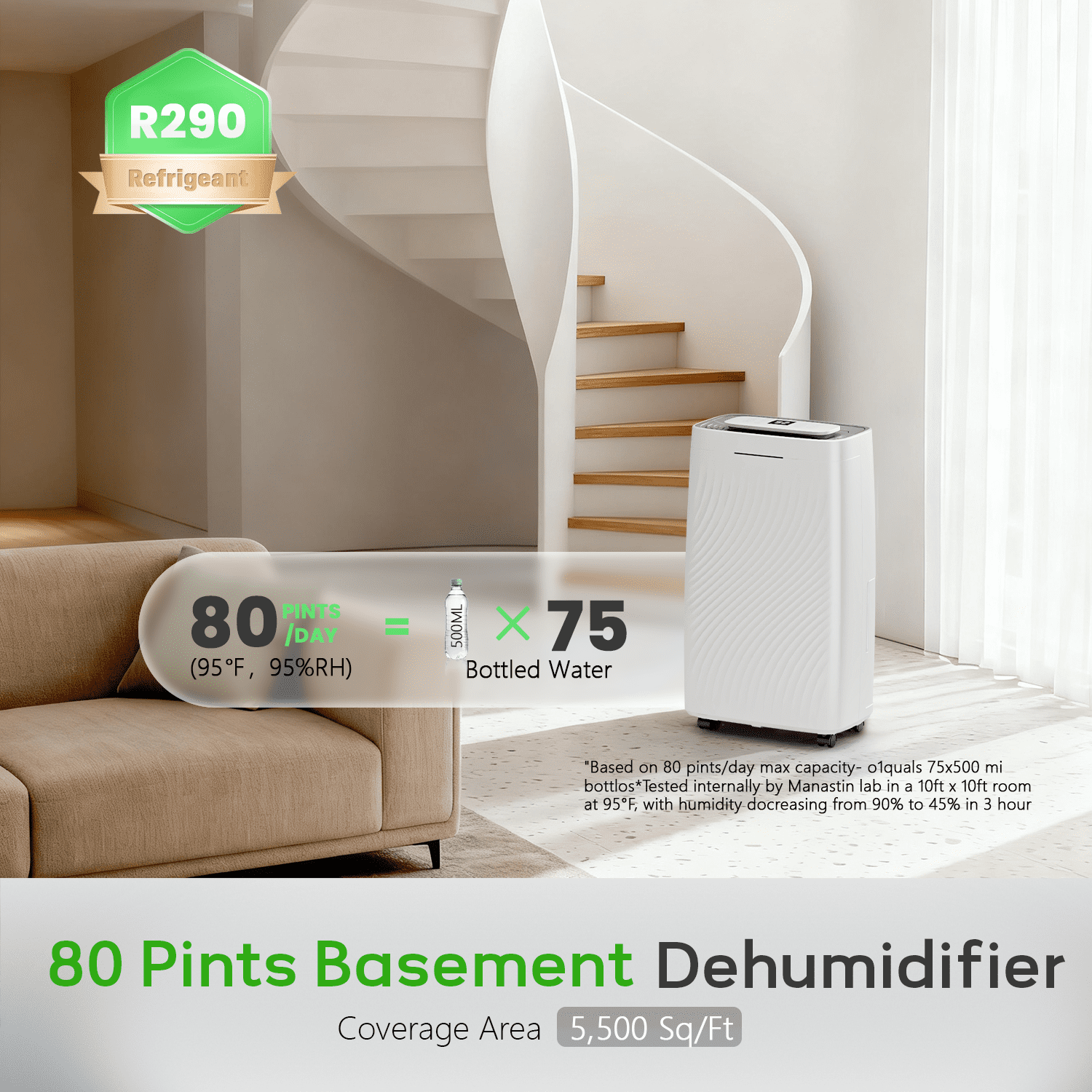 Patiosunny 19-Pint (DOE) , Max 80 Pints/D Multi-Function Dehumidifier,  5500 Sq.Ft Coverage Area , Automatic Defrosting, 24H-Timer, with Drain Hose, Suitable for Large Rooms and Underground Garages