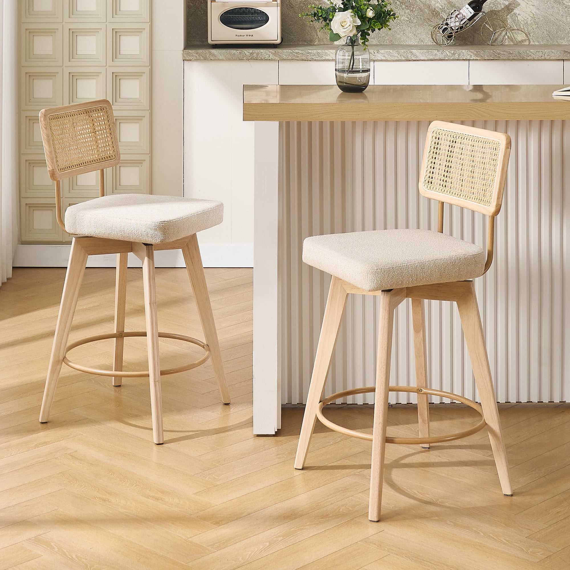 Zesthouse 26.2" Swivel Counter Height Bar Stools Set of 2, Upholstered Linen Counter Stools with Rattan Back, Mid Century Barstools with Solid Wood Frame for Kitchen Island, Beige