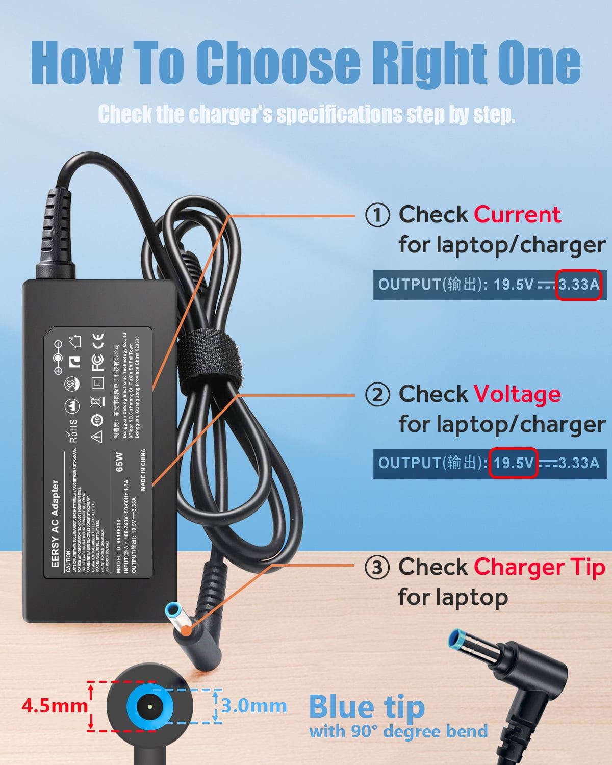 Compatible with HP 65W Laptop Charger, ProBook Charger 640 650 440 455 470 G7 G6 G5, EliteBook Charger 840 850 845 830 820 G9 G8 G4 G3,  Envy 15 17 Stream Pavilion X360 Power Cord 19.5V 3.33A