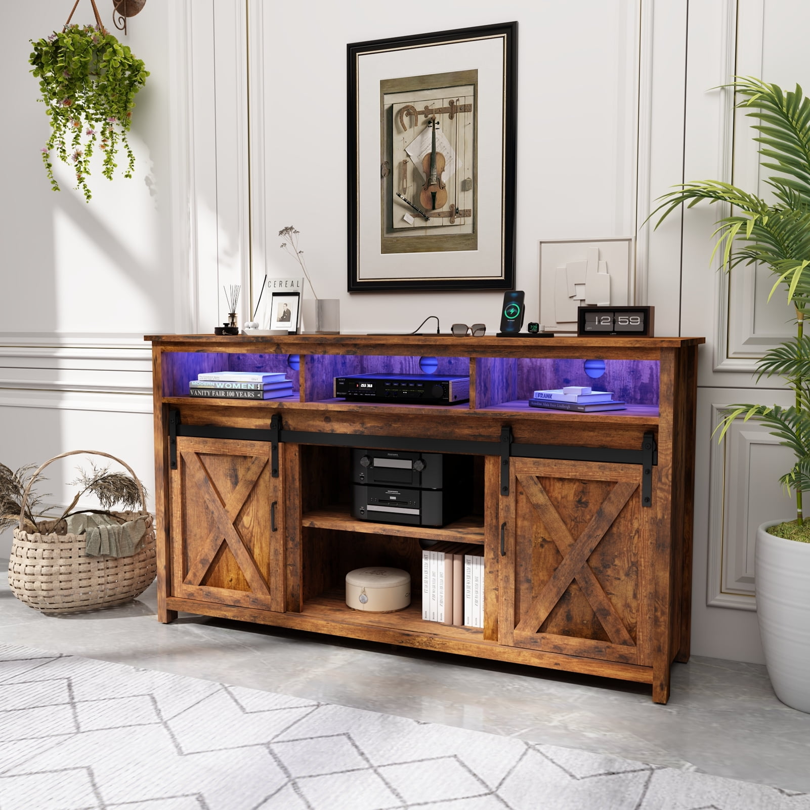 ANPOO 65 inch Farmhouse TV Stand Console Rustic Entertainment Center with Power Outlets and LED lights Walmart