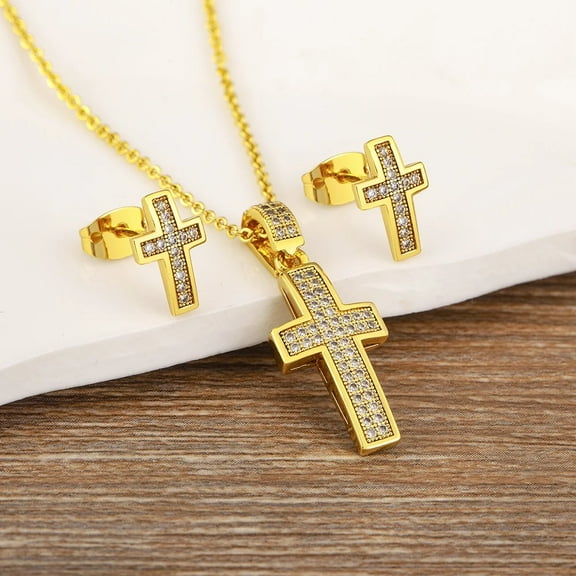 New 14K Yellow Gold Cross Pendant Charm Zircon Necklace & Earrings Chain Choker Jewelry Set For Women Party Accessories Gift