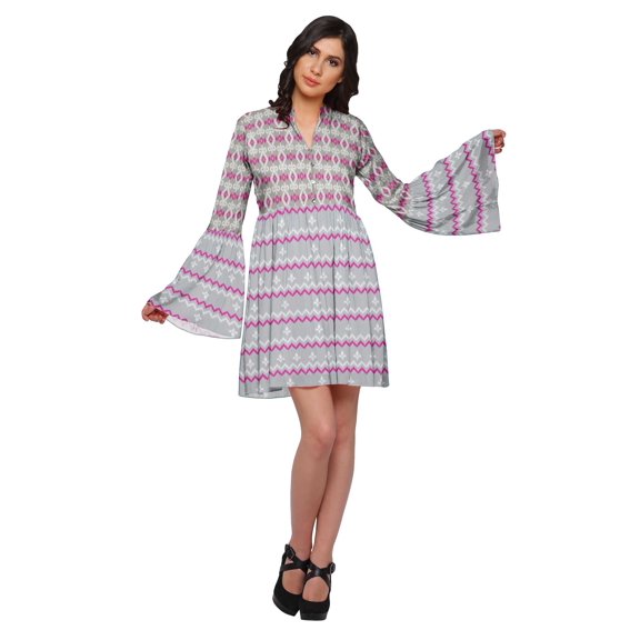 Moomaya Long Bell Sleeve Dress For Women Casual Printed Summer Pleated Kurta