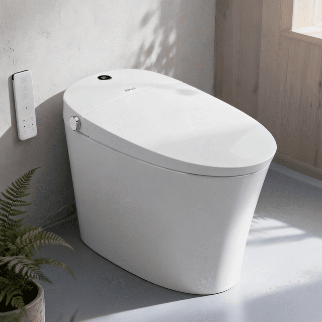 EPLO Smart Toilet Bidet with built-in tank, designed for bathroom renovation projects. Features include an elongated one-piece design in a sleek white finish, auto open/close lid, foam shield splash proof technology, foot sensor flush, heated seat, siphonic jet flushing, and hands-free operation. Wall-mounted remote control visible for added convenience. Set in a minimalist bathroom with natural light and a decorative plant nearby.
