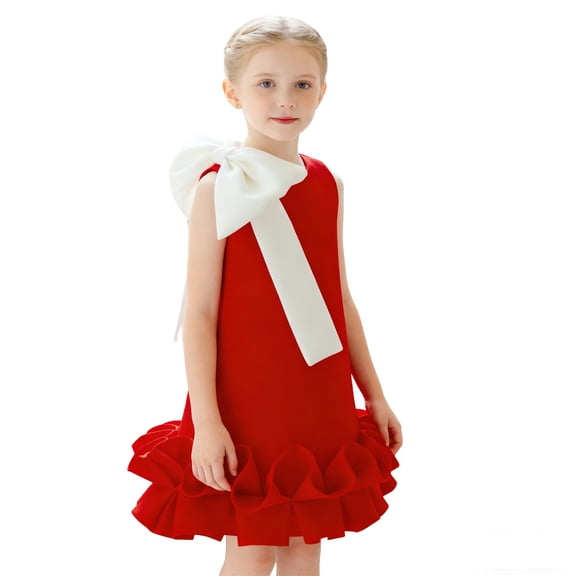 Little Girl Dresses Girls Party Dress with 3D Bow Layered Skirt Ruffled Lace Trim Girl Pageant Formal Gown for Special Events Red 110