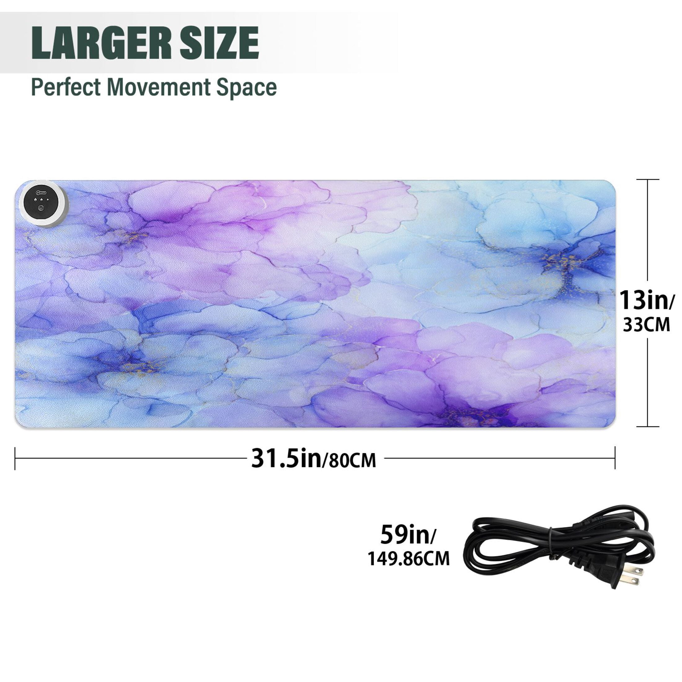 Large Heated Desk Mat Mouse Pad 31.5"x13"PU Leather Graphene Heating Desk Warmer with 3 Temperature Settings 110V US Plug Non-Slip Warm Pad for Home, Office, and Gaming Translucent Floral Ink Design