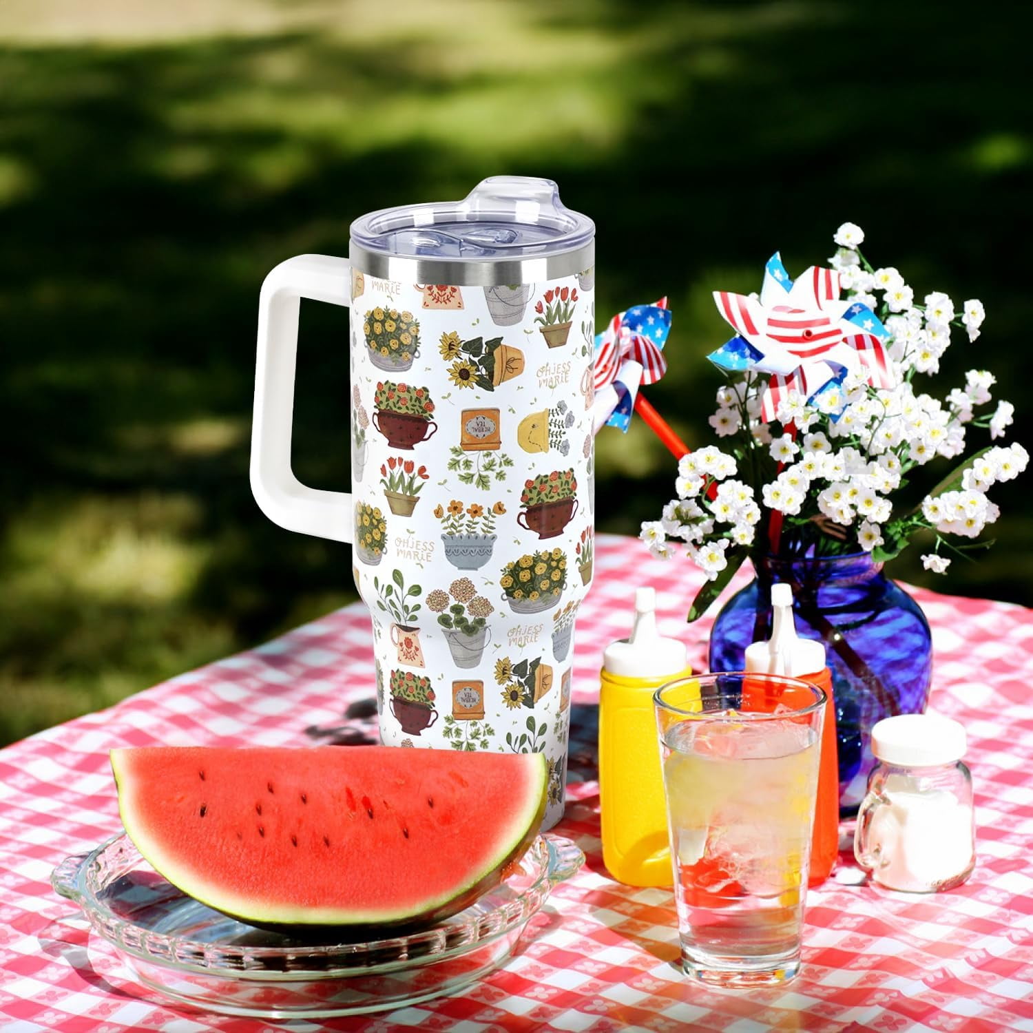 Flower Pot Tumbler with Handle and Straw Lid 40 oz,Cute Spring Summer Gift for Women Men Vacuum Insulated Leak Proof Stainless Steel Coffee Cup Mug