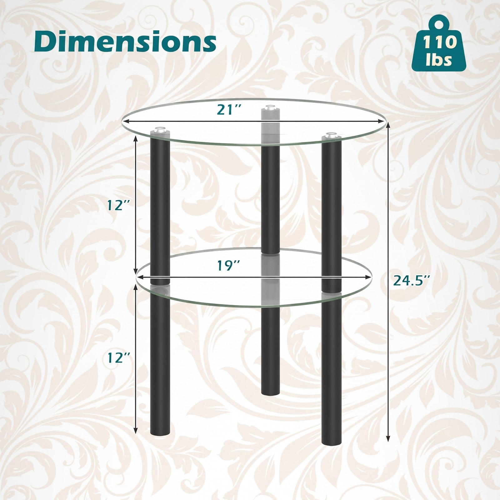 Furnibear 2-Tier Round End Table with Clear Tempered Glass Top and Storage Shelf, Rubber Wood Legs Side Sofa Nightstand for Living Room Bedroom, Black