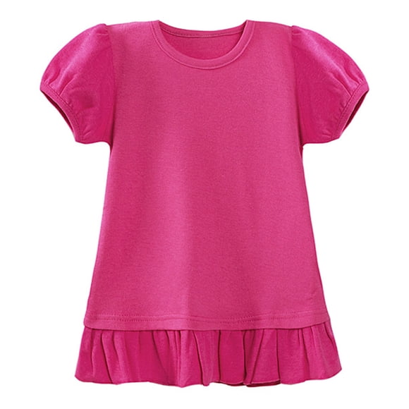 sertiohcv T-Shirts en Coton pour Filles/tout-Petits Col Ras du Cou Enfants Filles Chandails à Manches Bouffantes Ourlet à Volants T-Shirts Col Ras du Cou Hauts Tout-Petit Doux Respirant Chandail de Base Rose Vif Taille pour 11-12 Ans