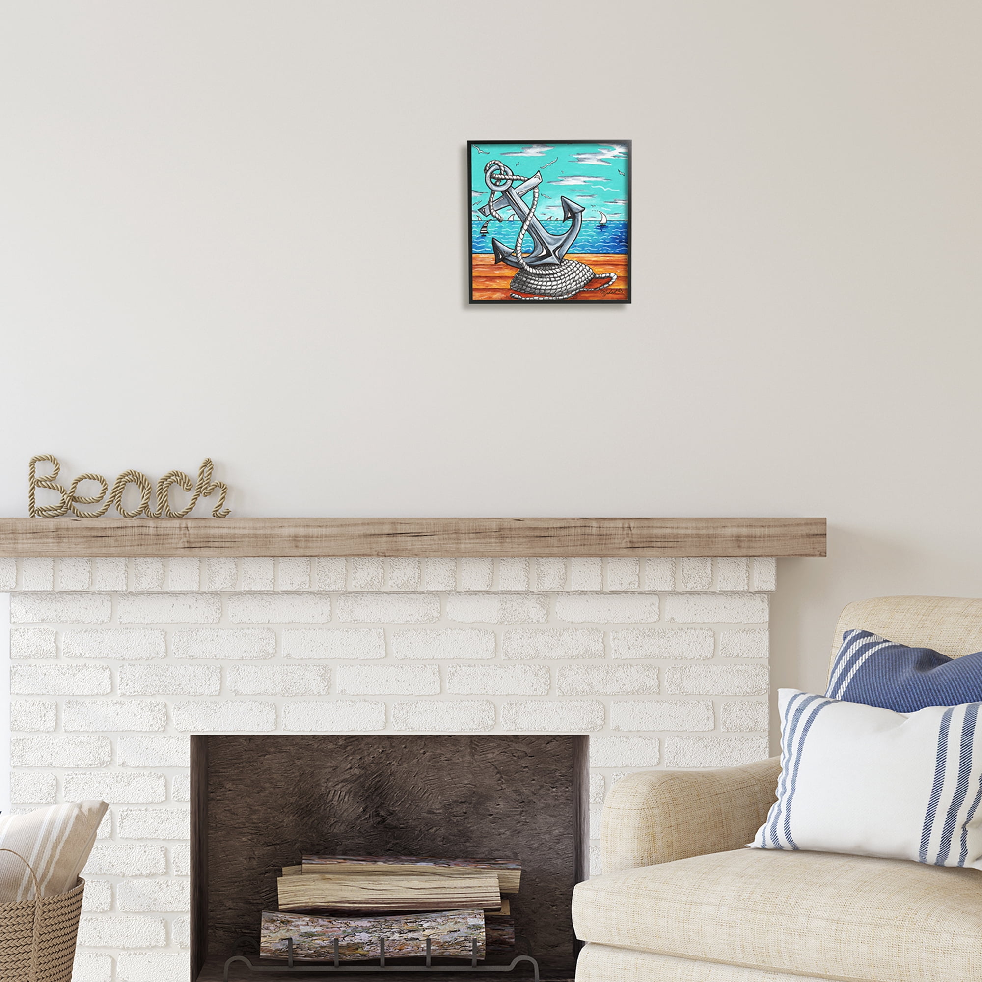 Stupell Industries Maritime Anchor on Beach Nature Painting Black Framed Art Print Wall Art, 12 x 12