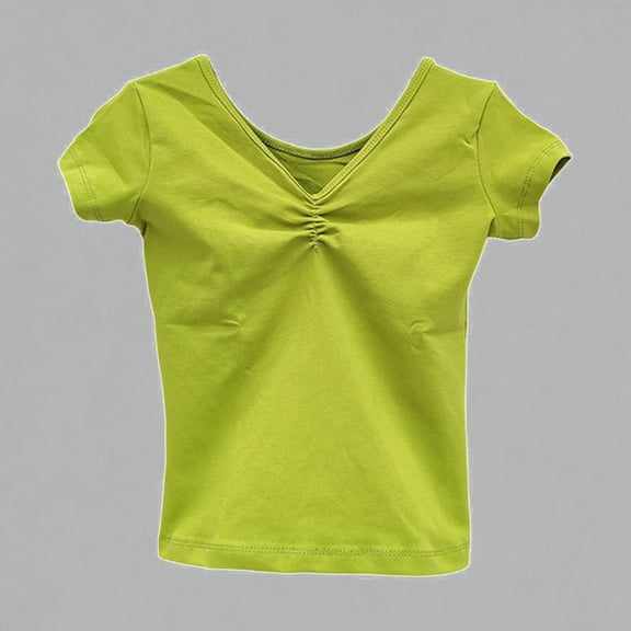 Krdevn Girls Ruched V-Neck Dance Top Short Sleeve Stretchy Athletic Tee for Kids Ballet Performance,6-7 Years