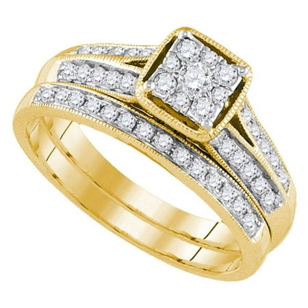 Gold Wedding Band Set - 14kt Yellow Gold Womens Round Diamond Bridal Wedding Engagement Ring Band Set 1/2 Cttw