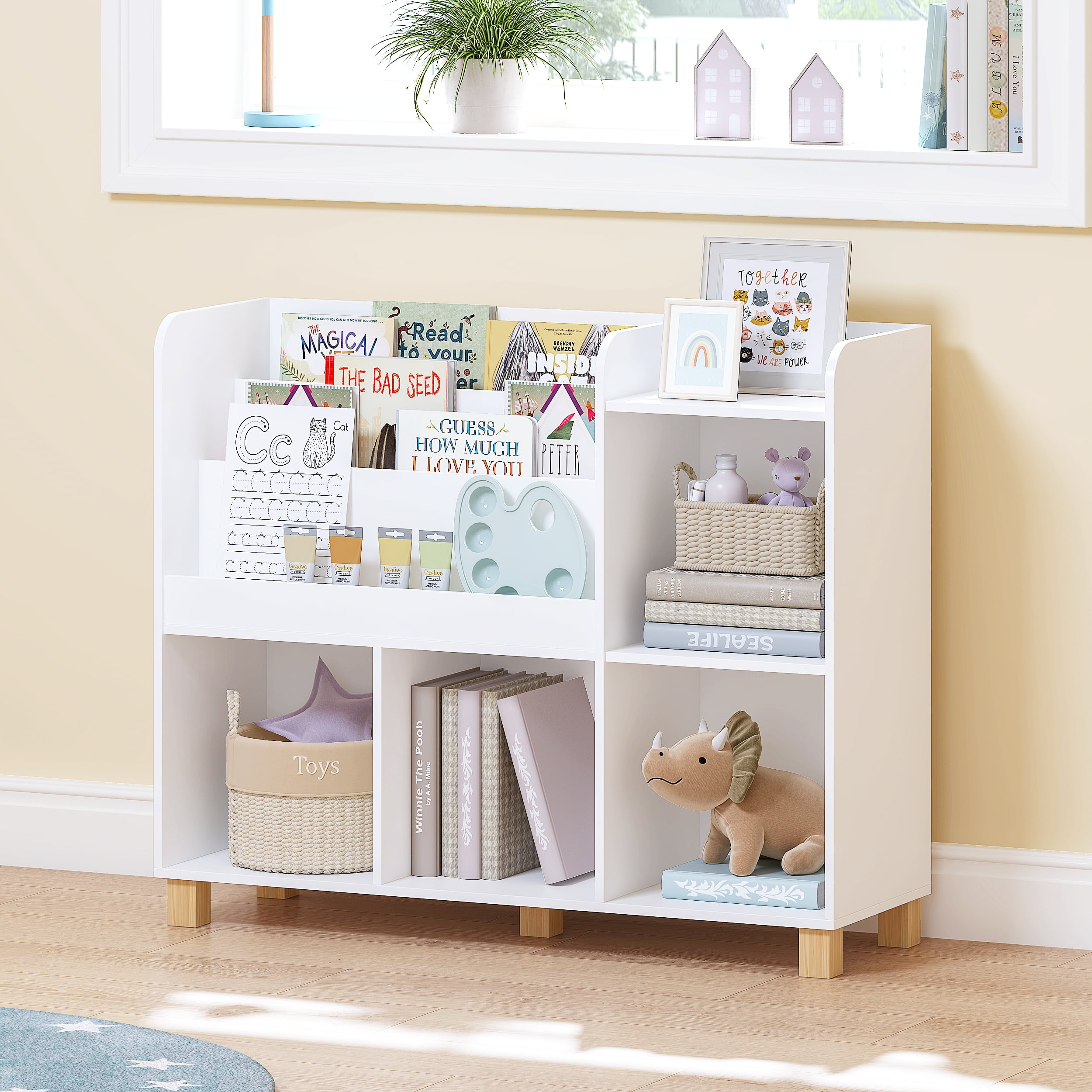 STAROUS Kids Bookshelf and Toy Storage Organizer, Tall Cube Bookcase for Playroom & Nursery, White