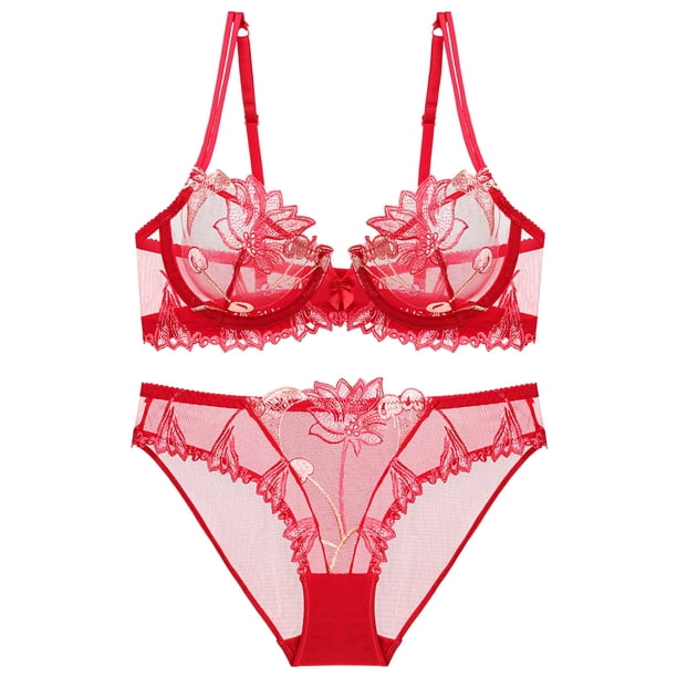 Conjunto de sujetador transparente con bordado de lencería súper sexy de Europa y Estados Unidos para mujer, pechos grandes, talla pequeña