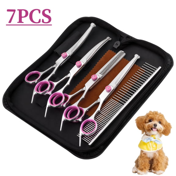 6 Piece Pet Grooming Scissors Set for Dogs and Cats, Stainless Steel Grooming Shears Kit with Thinning Scissors, Curved Scissors, Comb and Storage Case for Home Grooming