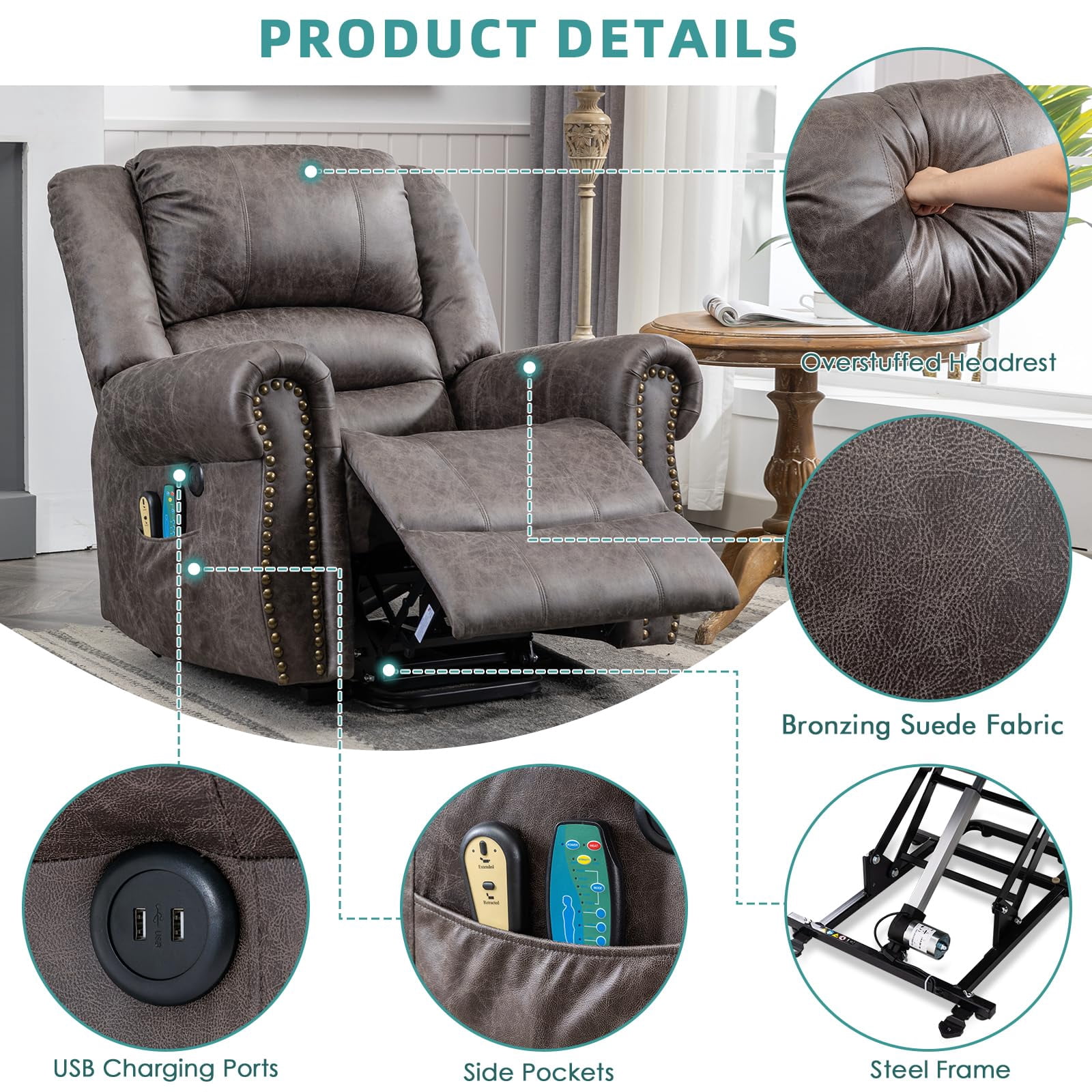 MEETWARM Large Power Lift Electric Recliner Chair with Massage and Heat, Overstuffed Wide Recliner for Elderly, Heavy Duty Recliner for Living Room with 2 Remote Controls/USB Ports/Side Pockets(Gray)