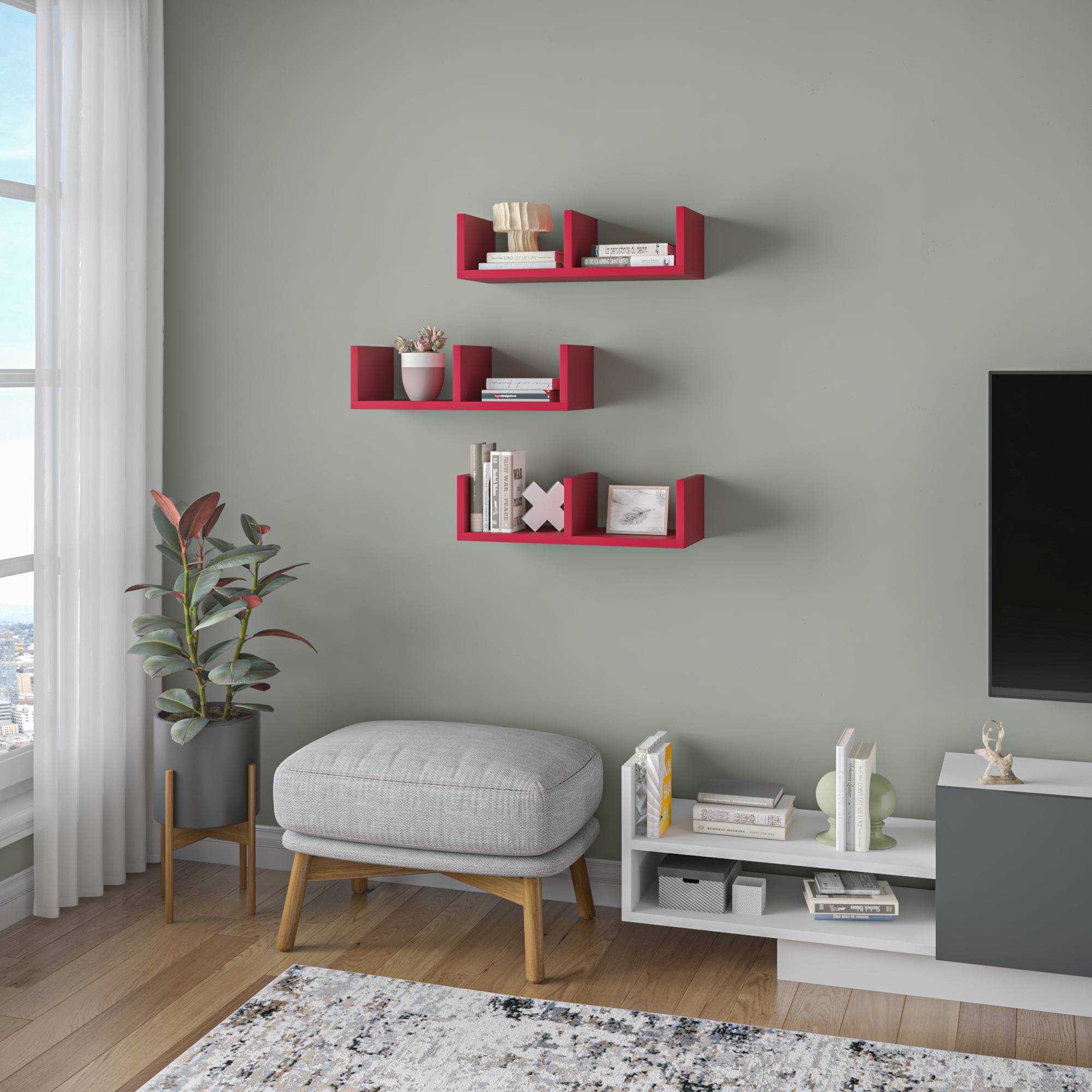 Ada Home Decor Furniture 19.69" 3 Tier Burgundy Waller Modern Wall Shelf