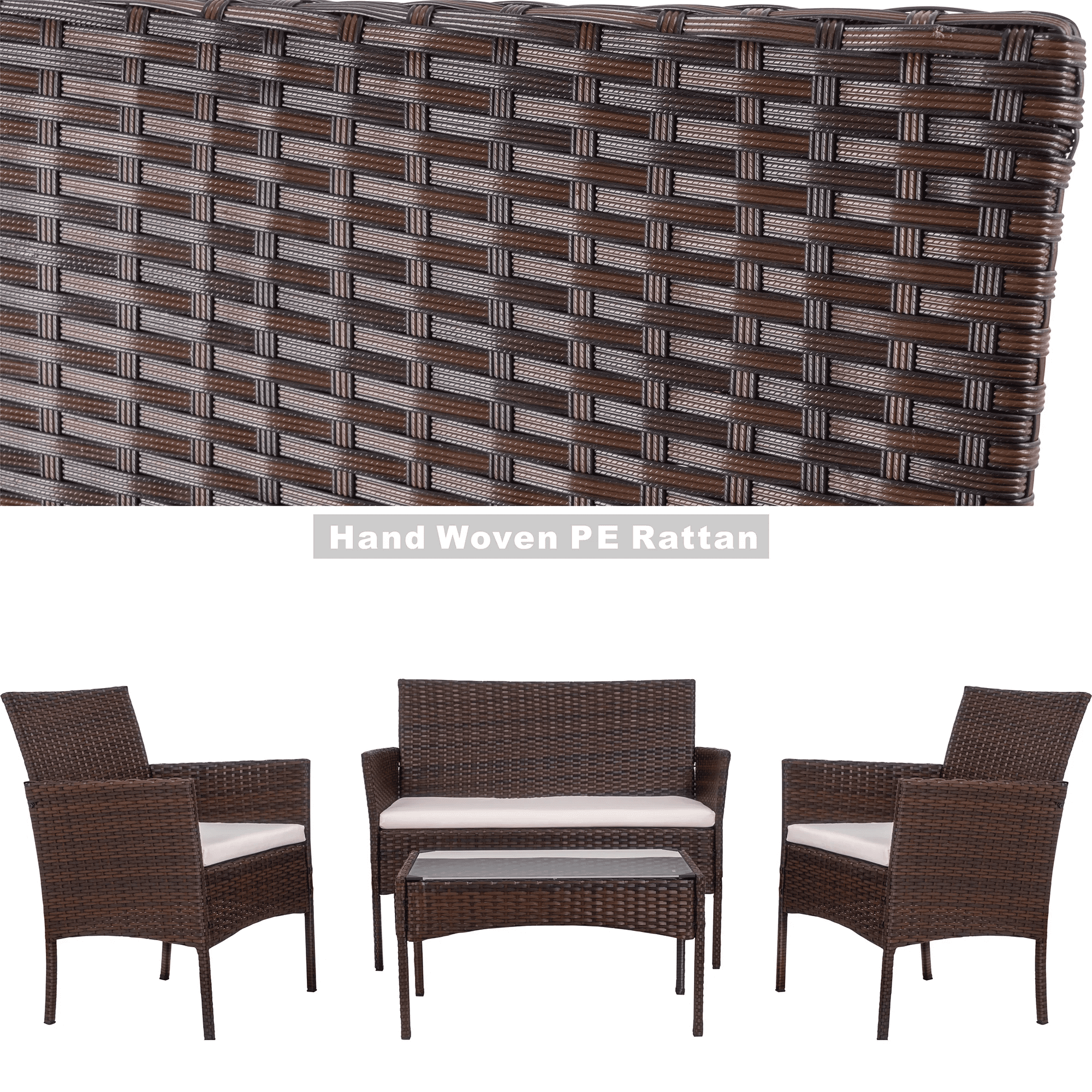 Walsunny 4 Pieces Patio Rattan Furniture Set,Wicker Conversation Set with Cushions and Tempered Glass Tabletop,Brown
