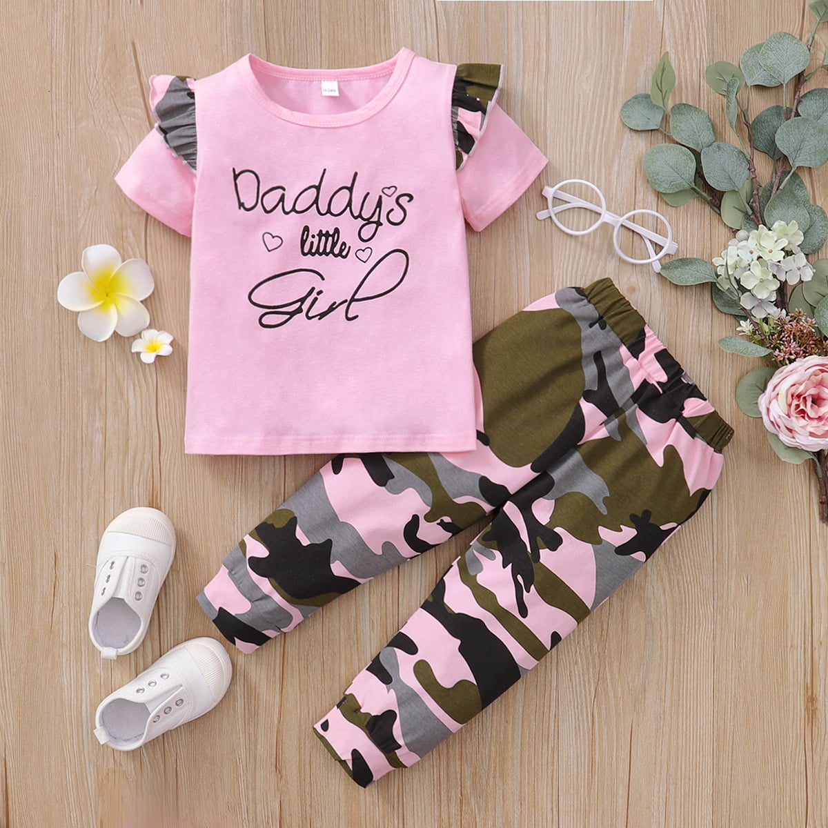 5T Kids Girls Clothes Little Girls 2PCS Outfits 5-6 Years Girls Letter Print Short Sleeve Top Camouflage Pants Set Pink