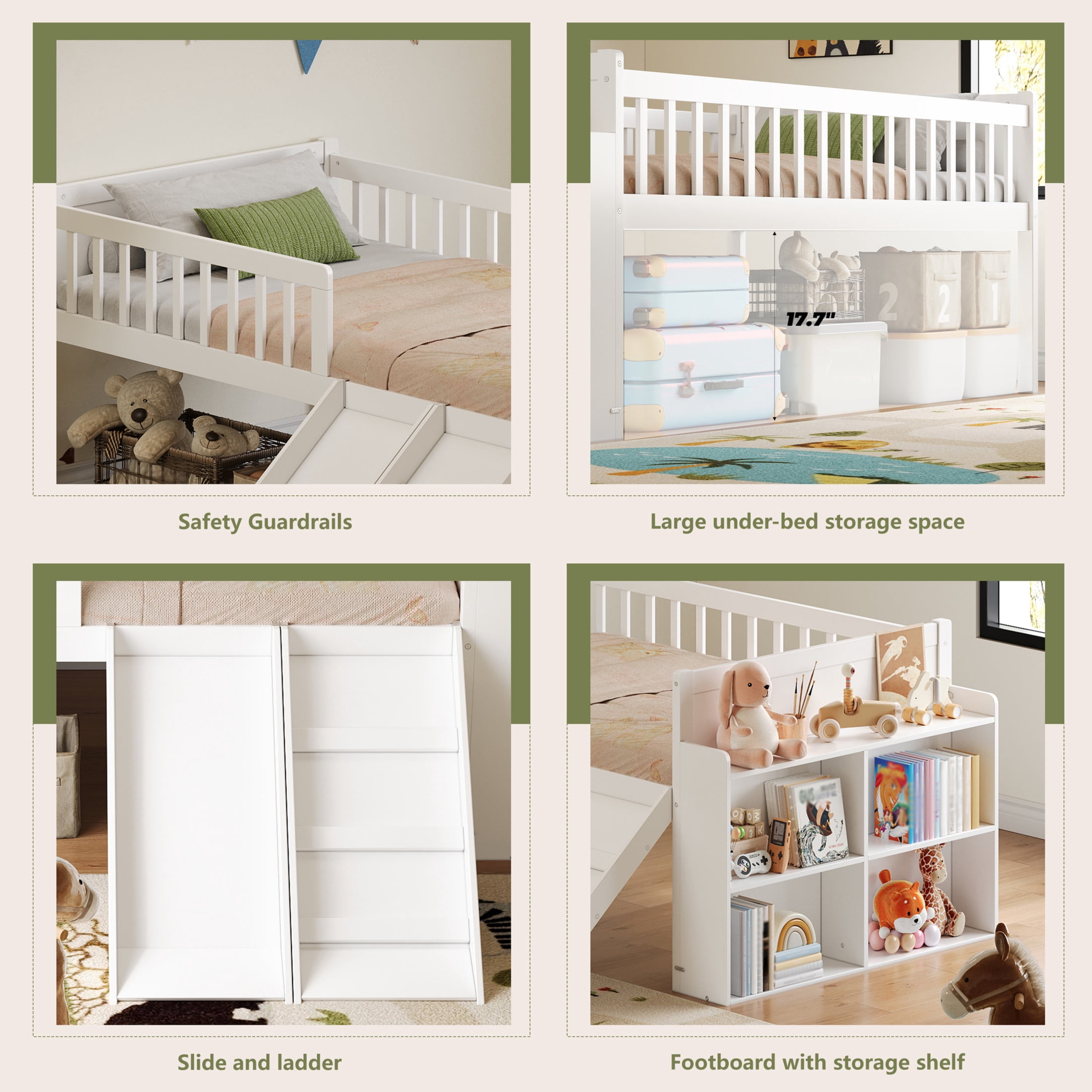 Noble House Twin Bed Frame with Storage Shelf, Platform Bed with Slide and Guardrail, White