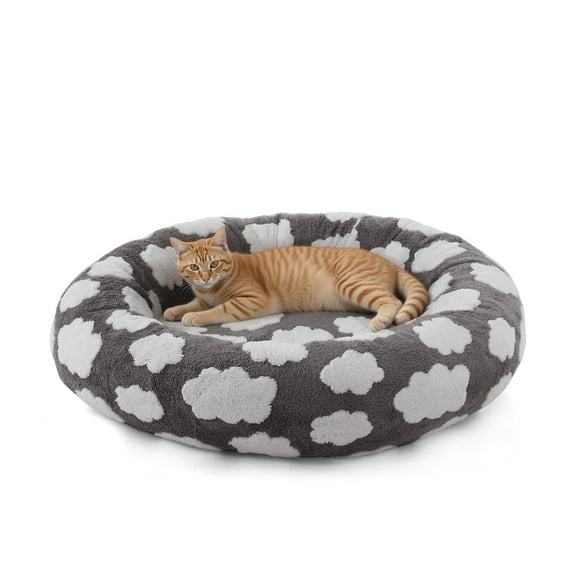Donut Dog Bed Medium, Calming Round Pet Bed for Dogs and Cats, Washable Jacquard Plush Cover with Non-Slip Bottom, Indoor Cat Bed, Gray, 20"x20"x6"