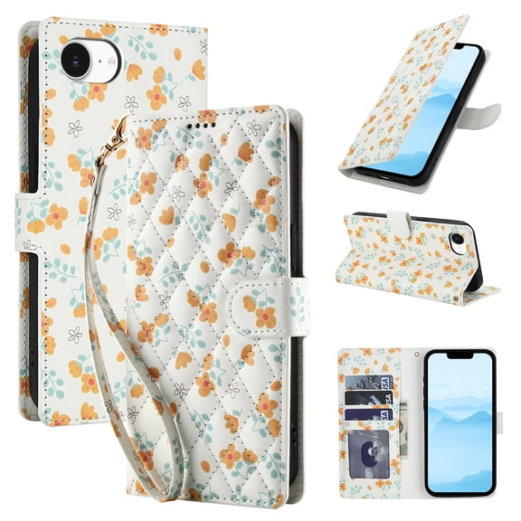 for iPhone 16e Wallet Case Women Girls, Cute Floral Pattern PU Leather Flip Phone Cover with Card Holder, Kickstand, Wrist Strap, Protective Purse Case for iPhone 16e, Pattern-C