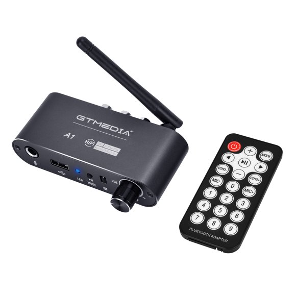GTMEDIA A1 Adaptateur Audio Sans Fil avec Bluetooth 5.2, Construction en Alliage d'Aluminium, Télécommande IR, Lecture de Clé USB (MP3/WAV/FLAC/APE/WMA jusqu'à 64 Go), Alimentation Type-C, Ajustement Flexible EQ, 3.5mm