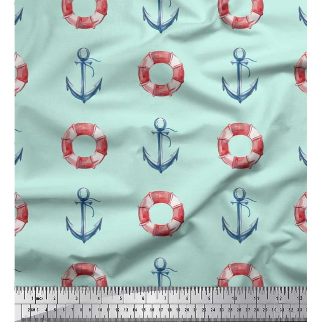 Soimoi Green Poly Georgette Fabric Life Ring & Anchor Hook Nautical Printed Craft Fabric by the Yard 42 Inch Wide