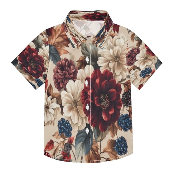Boys Button-Down Shirt Short Sleeve Shirt Tops for 3Y Burgundy Hydrangeas