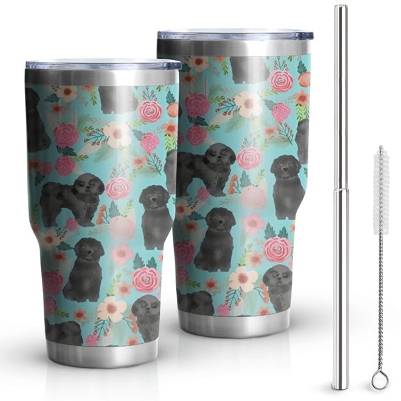 30oz Bichon Dog Blue Florals Tumblers Stainless Steel Tumbler with Lid and Straw,Vacuum Insulated Double Wall Travel Tumbler Cups Mug with Cleaning Brush for Coffee,Tea