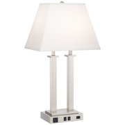 Possini Euro Design Amity Modern Table Lamp 26 High Brushed Nickel with USB and AC Power Outlet in Base White Linen Shade for Bedroom Bedside Desk