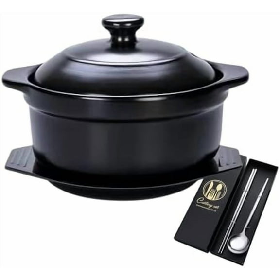 Korean Stone Pot, Ceramic Sizzling Hot Pot for Bibimbap Korean Stone Bowl with Lid and Trivet 40 oz Clay Pot for Cooking, Korean Cooking Pot, 1200ml, Black$$Home Decor, Kitchen, & Other