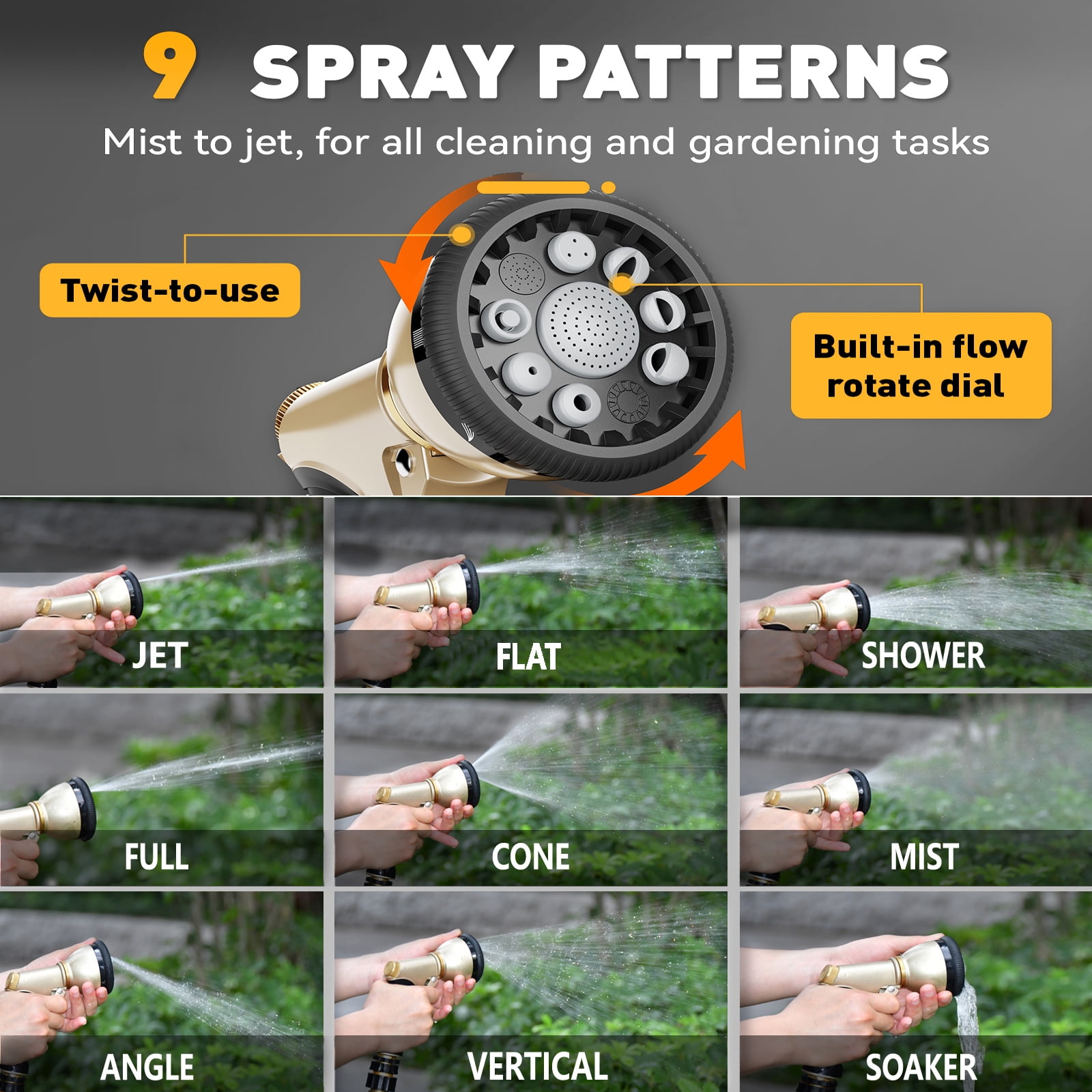 RainPoint Garden Hose Nozzle Sprayer, Watering Nozzles Heavy Duty Metal Flow Control 9 Types of Sprays