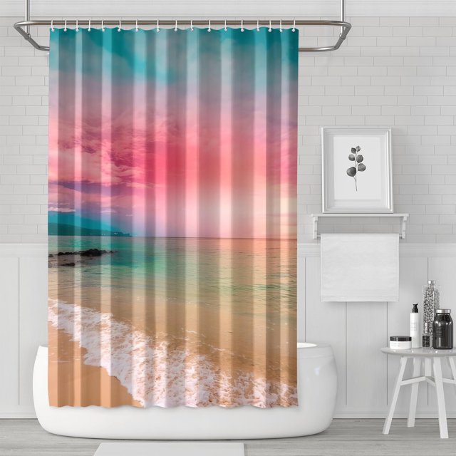Surface de Plage Scène de Ciel Colorée (1) Rideaux de Douche Imperméables, Doublure de Douche Décorative en Polyester, Doublures de Rideau avec Crochets en Plastique 72x72 Pouces