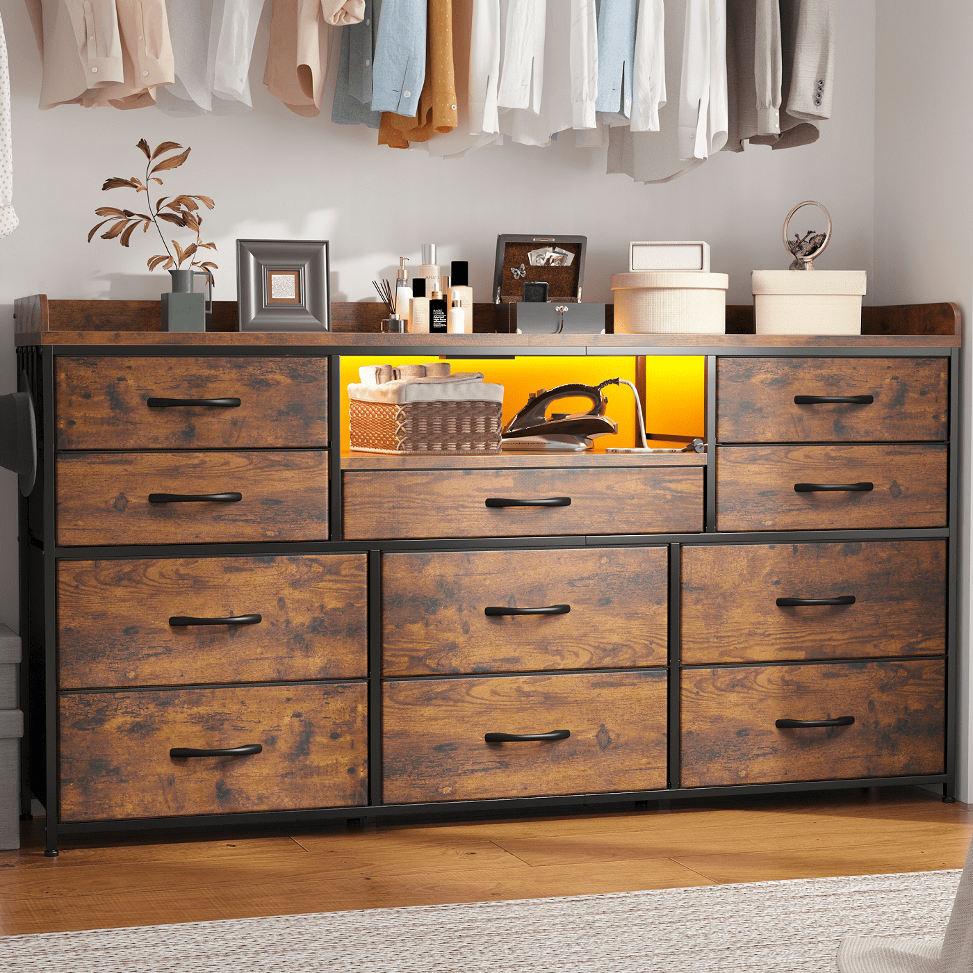 EnHomee TV Stand for 55" TV Fabric Dresser with LED Lights & Power Outlets,Rustic Brown