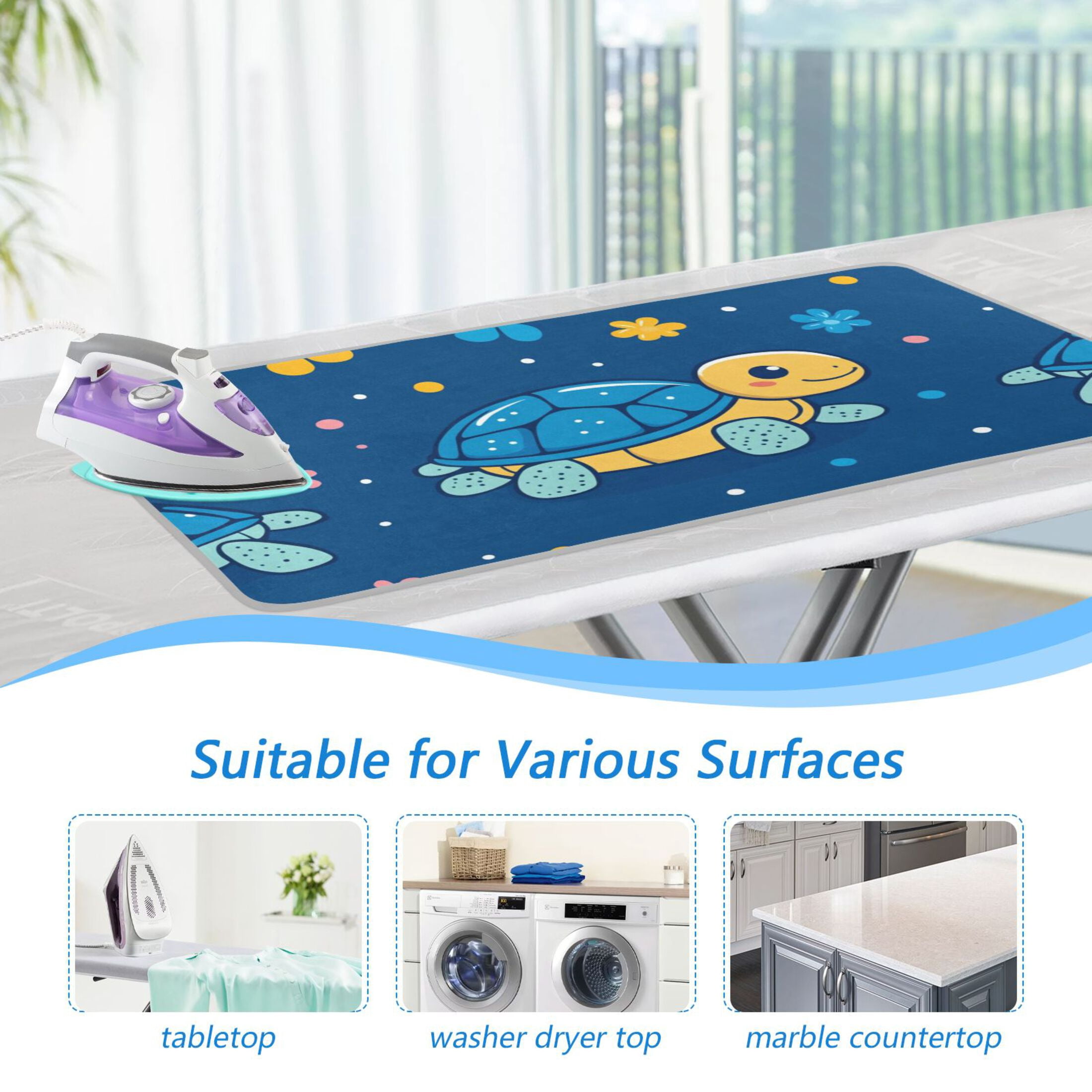 Cute Turtles Doodle Flowers Ironing Mat Blanket Portable Travel Ironing Pad Heat Resistant Pad 47.2" x 27.6”
